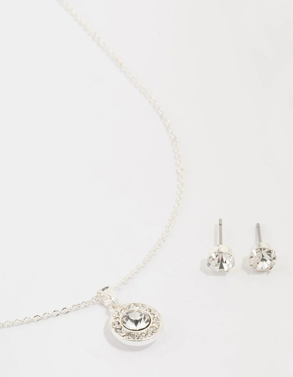 Silver Diamante Halo Necklace & Earrings Set
