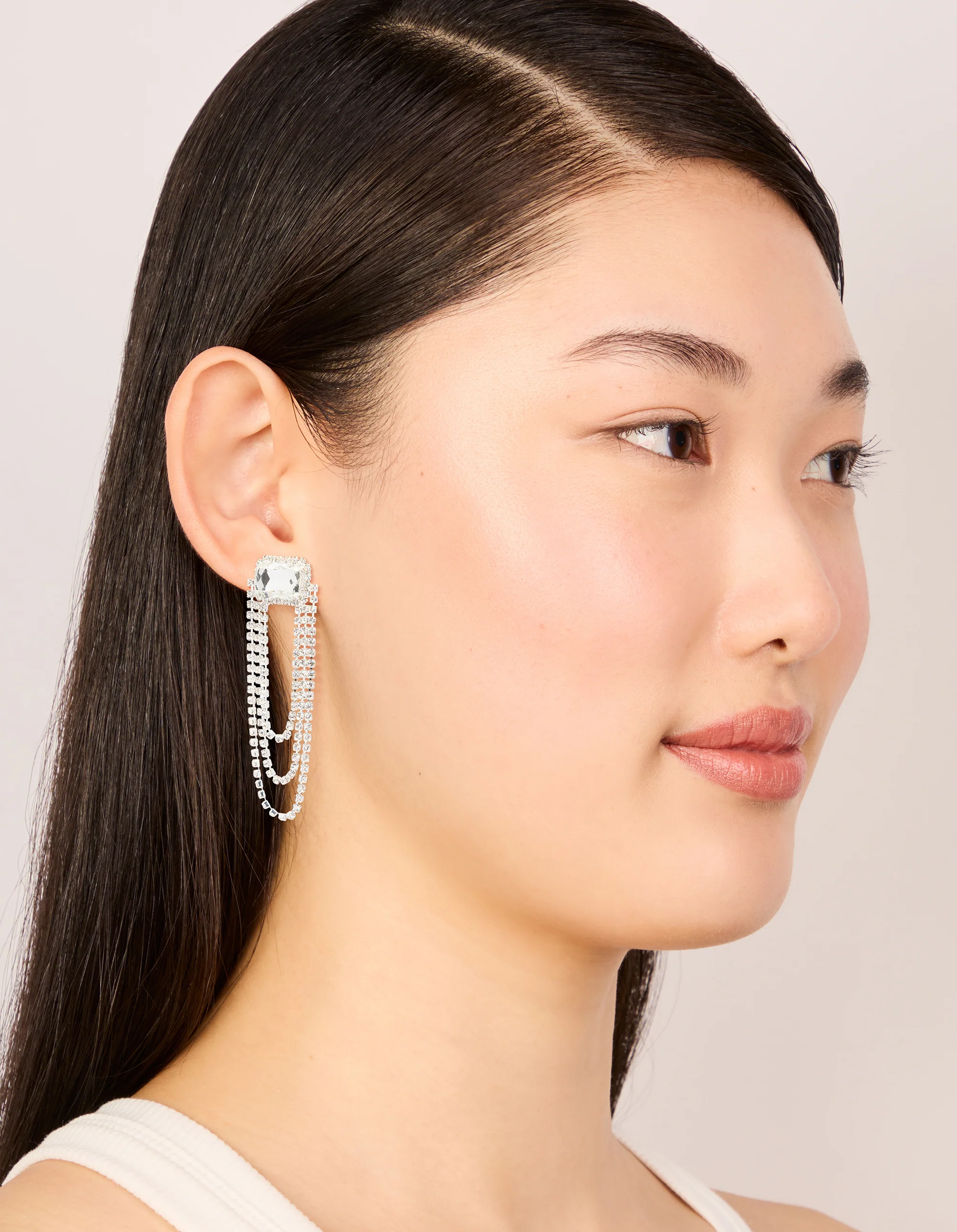 Silver Diamante & Layered Chain Drop Earrings - Image 3