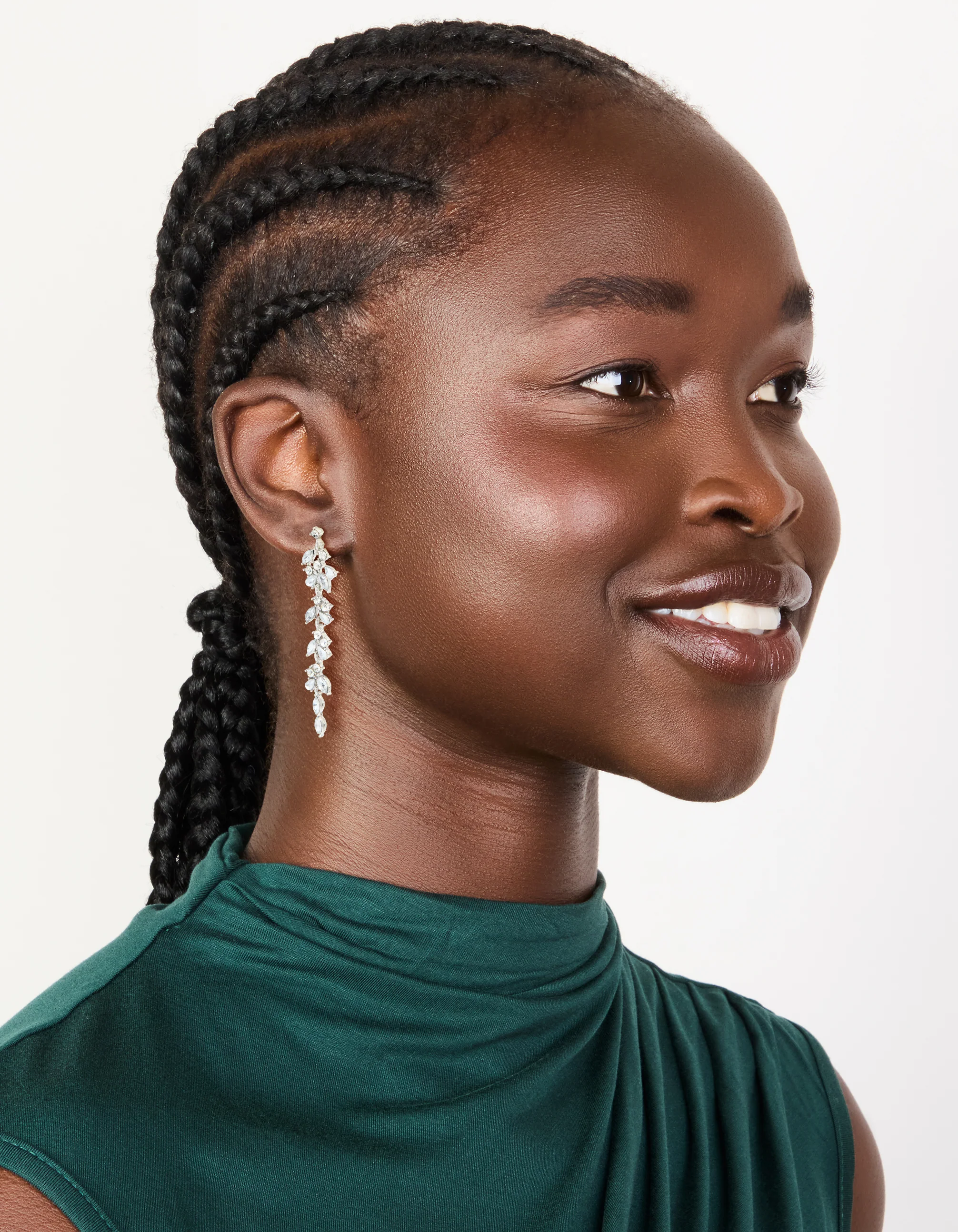 Silver Diamante Thin Floral Drop Earrings - Image 3