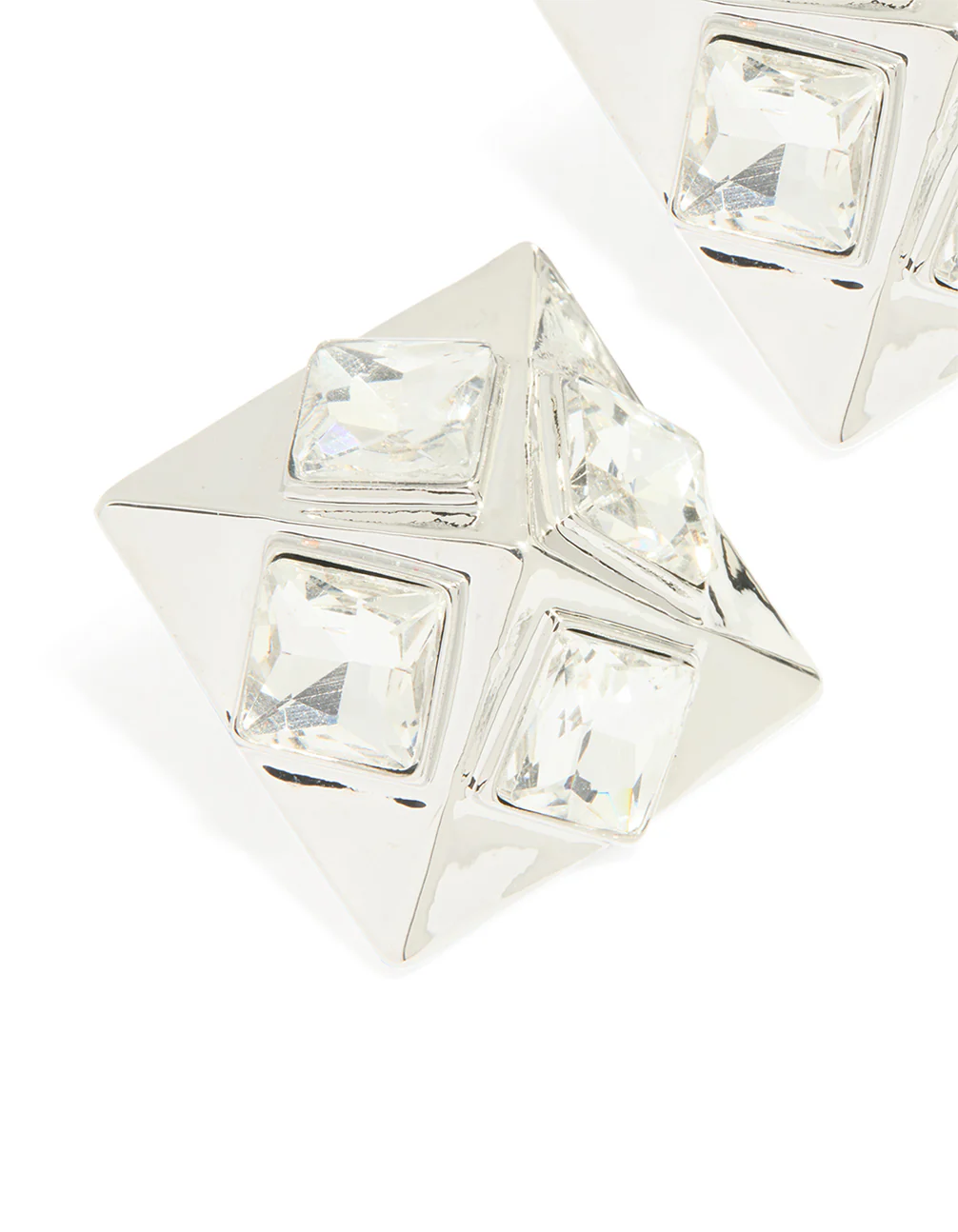 Silver Diamante Triangular Square Stud Earrings - Image 2