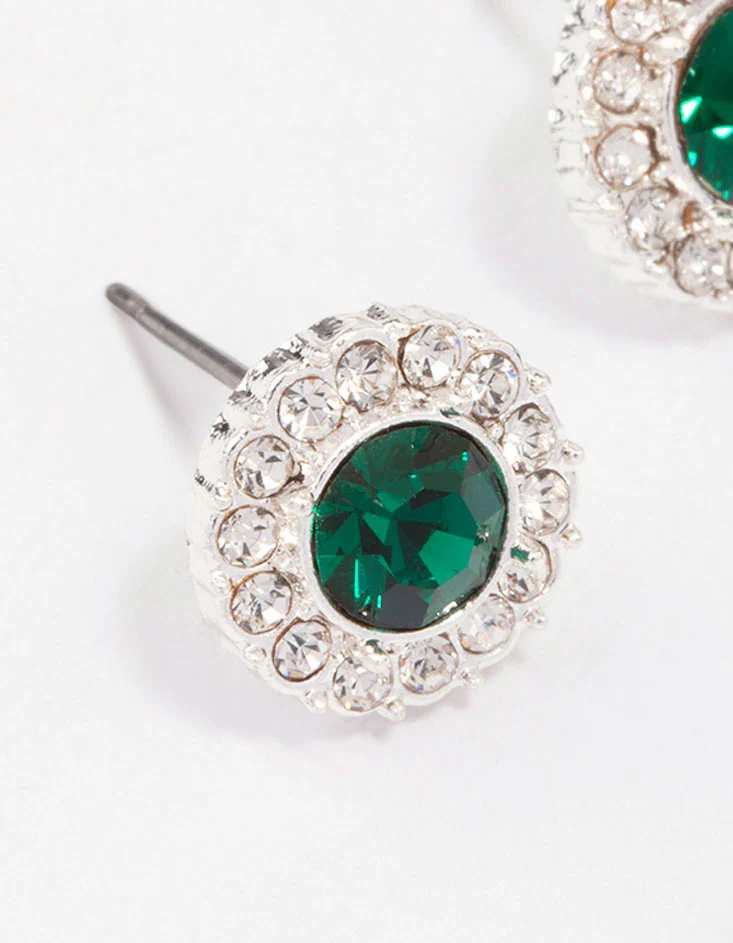 Silver Emerald Crystal Halo Stud Earrings - Image 3