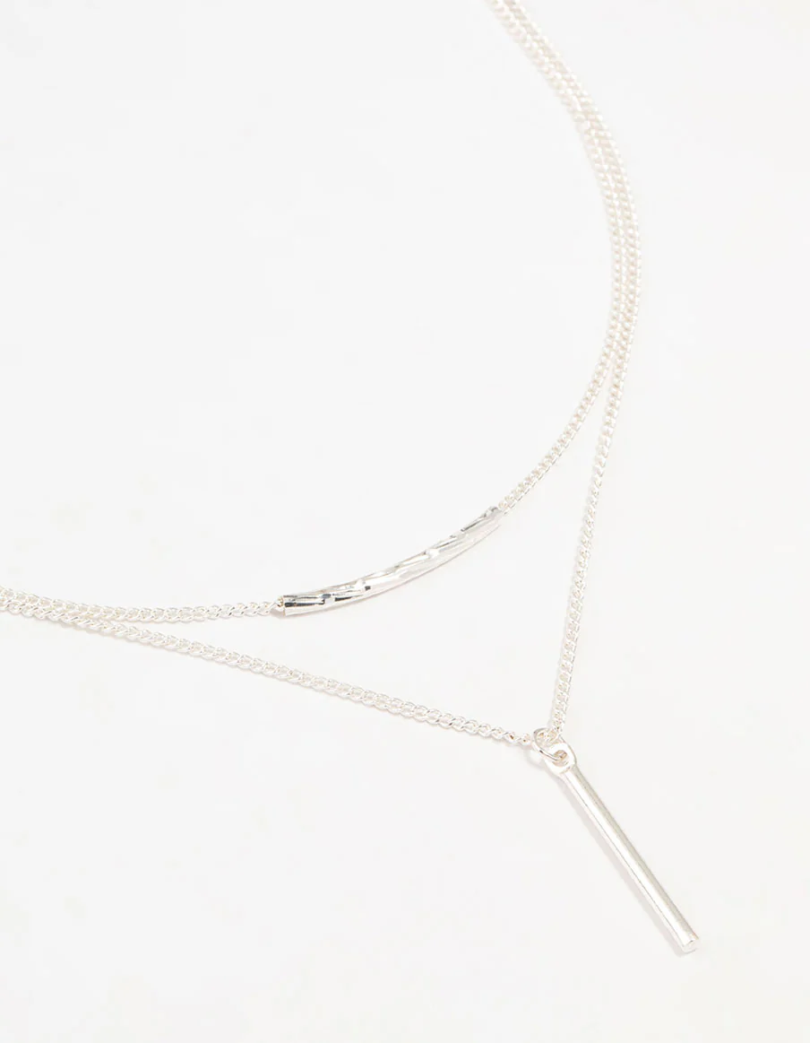 Silver Double Chain Bar Layered Necklace - Image 2