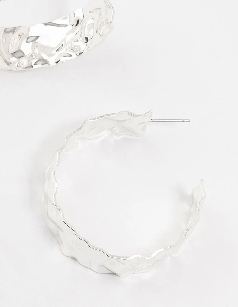 Silver Molten Large Thick Hoop Earrings - Image 3