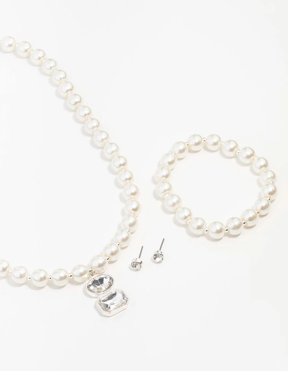 Silver Pearl & Diamante Matching Jewellery Set