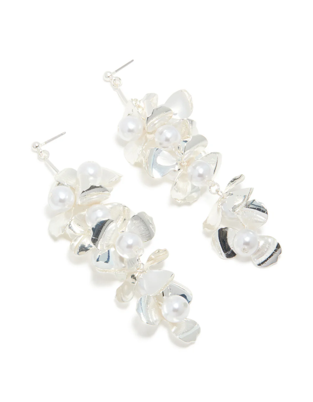 Silver Pearls & Bold Flower Drop Earrings - Image 2