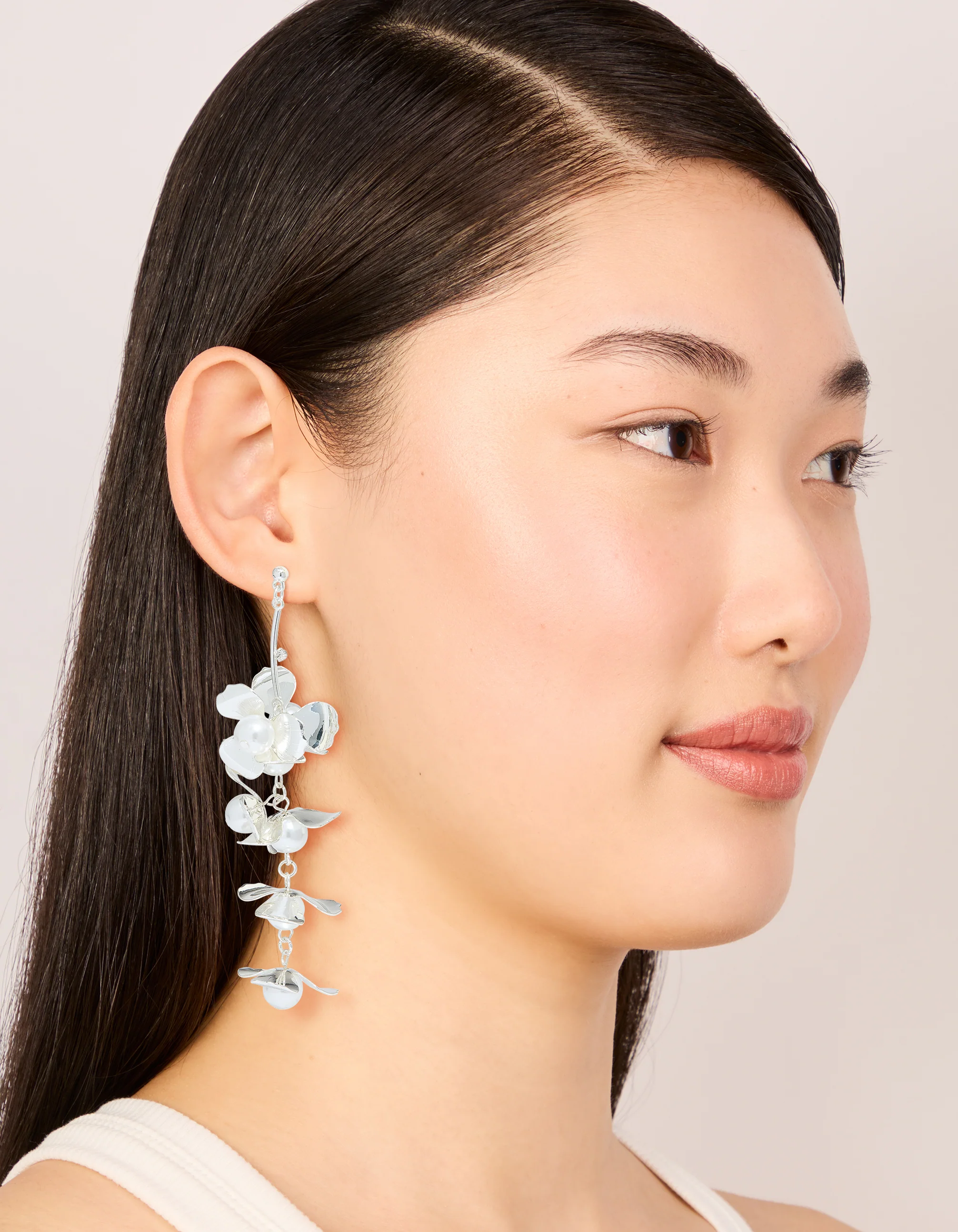 Silver Pearls & Bold Flower Drop Earrings - Image 3