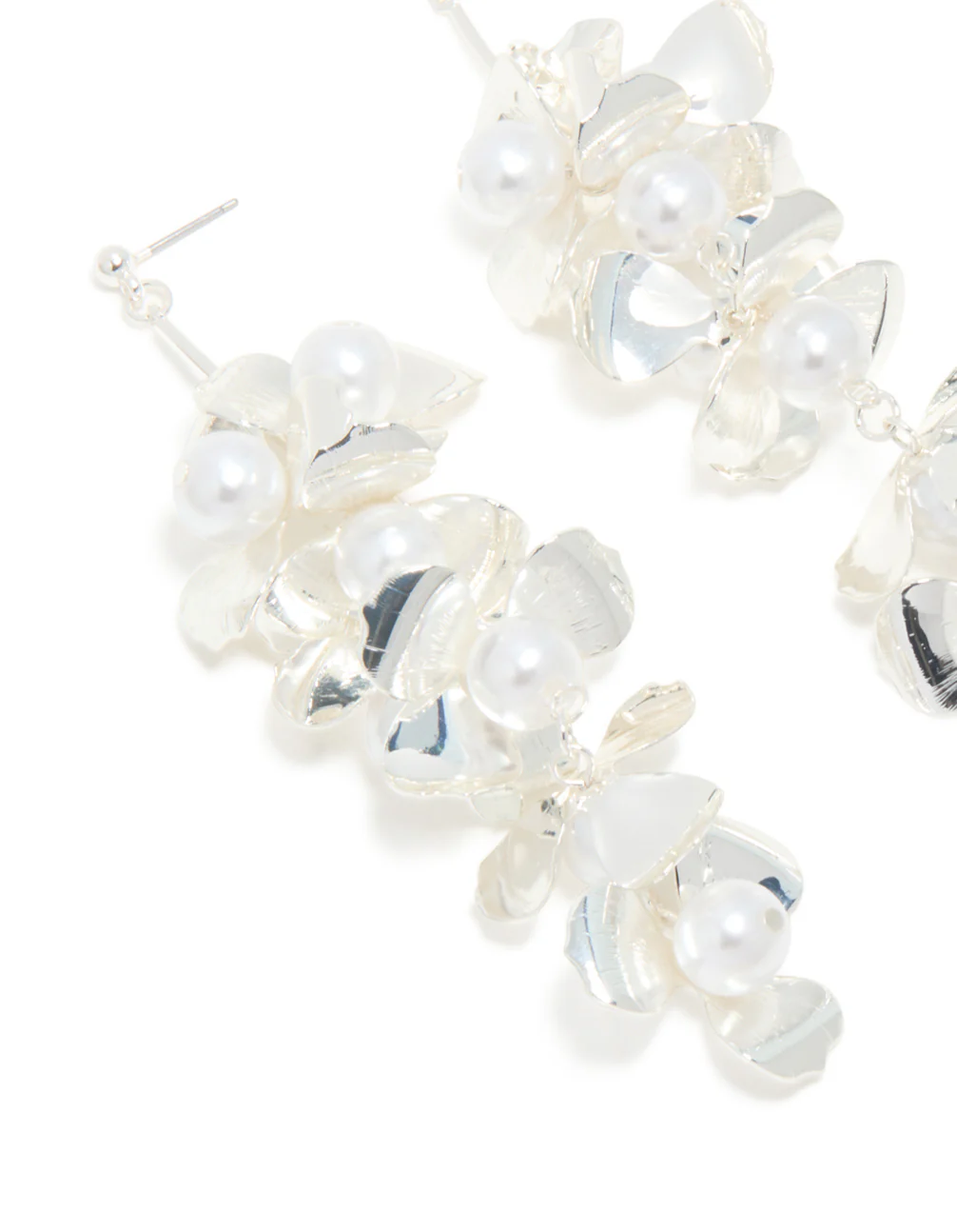 Silver Pearls & Bold Flower Drop Earrings - Image 4