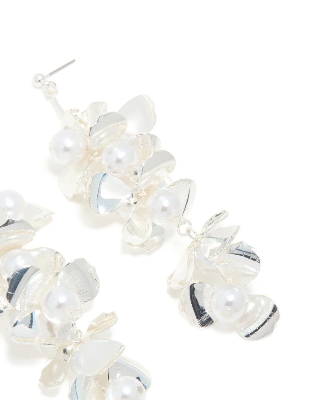 Silver Pearls & Bold Flower Drop Earrings - Image 5