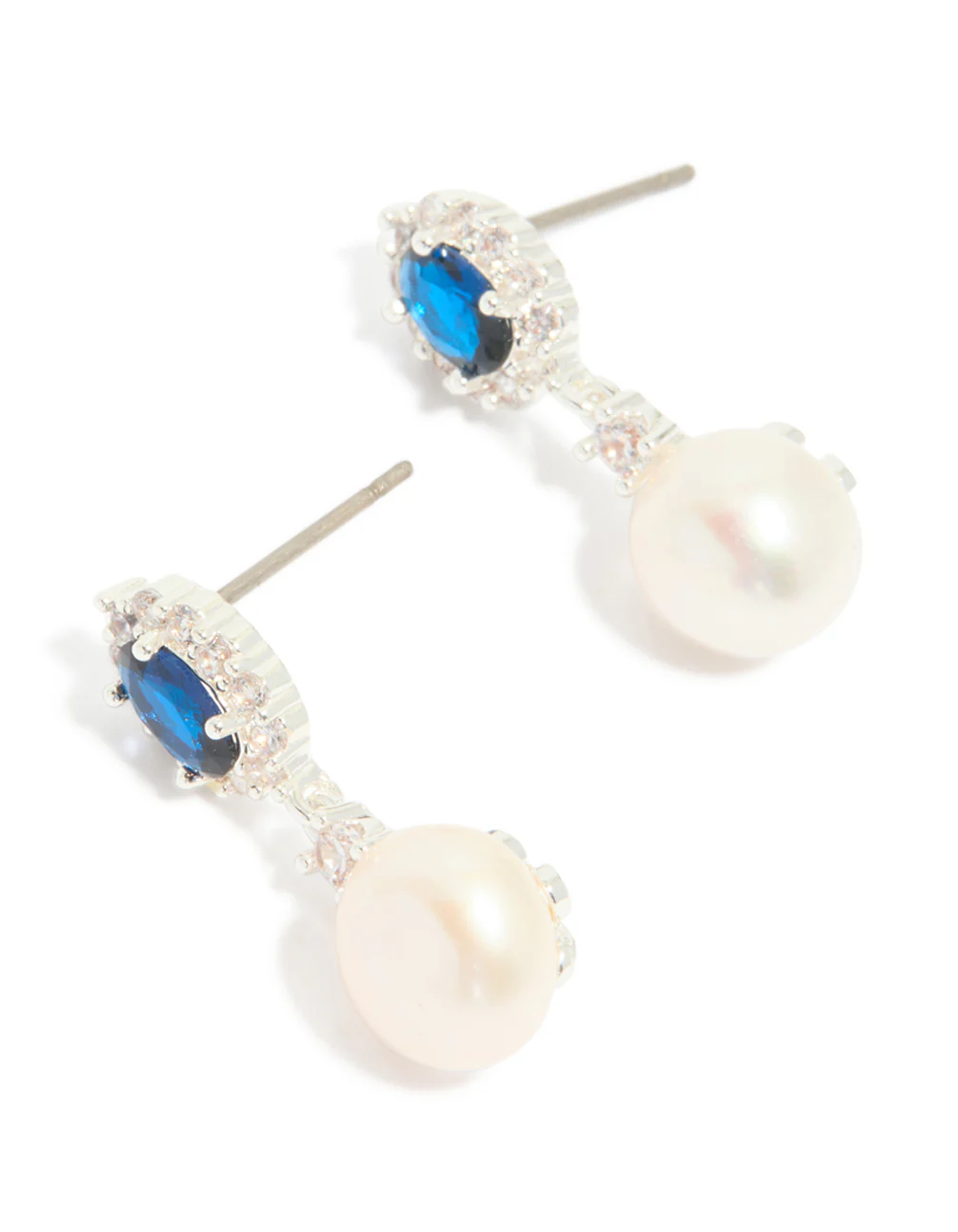 Silver Plated Blue Cubic Zirconia & Freshwater Pearl Halo Drop Earrings - Image 2
