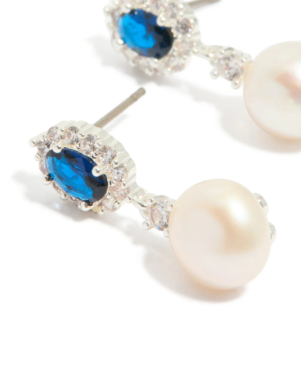 Silver Plated Blue Cubic Zirconia & Freshwater Pearl Halo Drop Earrings - Image 4