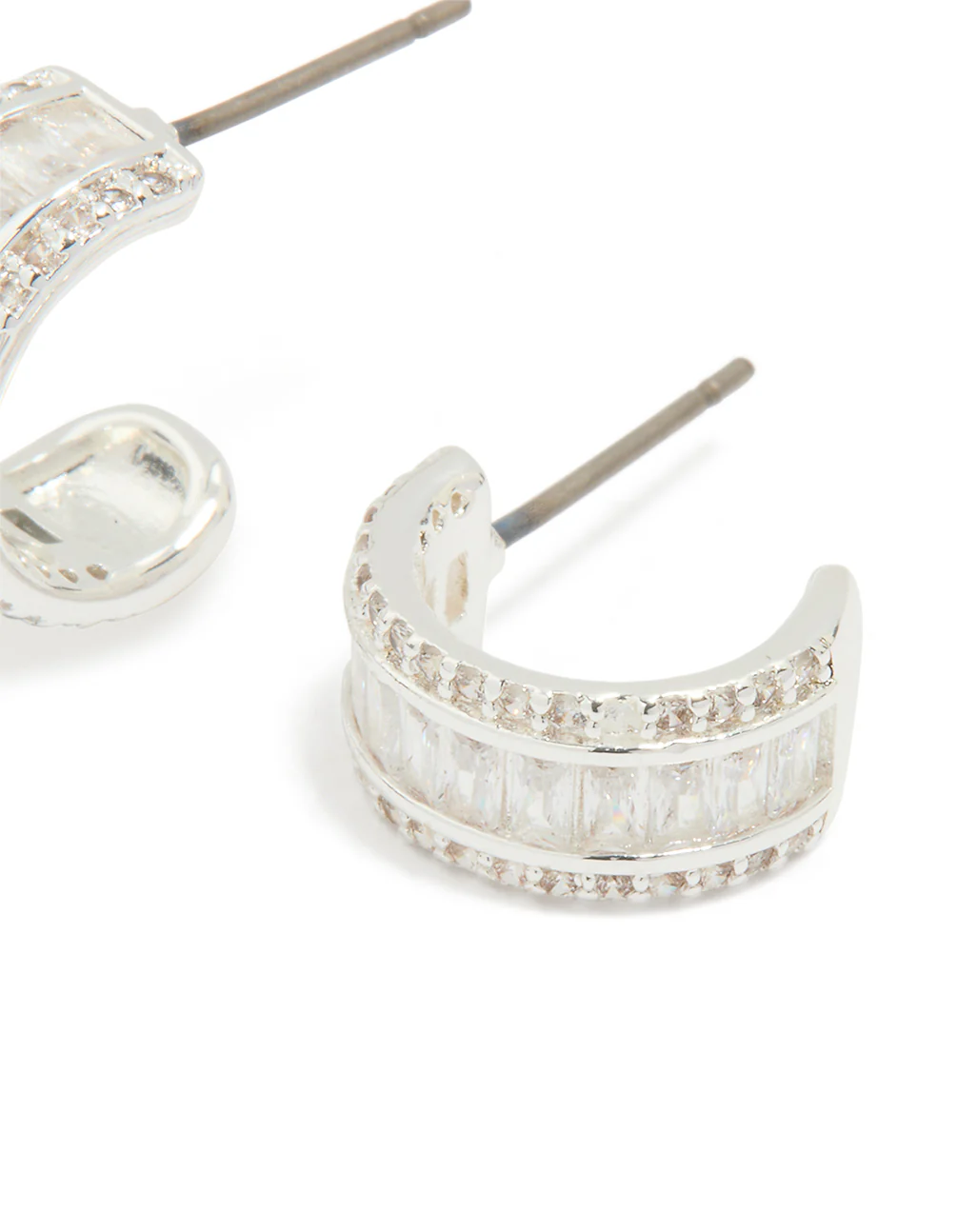 Silver Plated Cubic Zirconia Baguette Small Hoop Earrings - Image 3