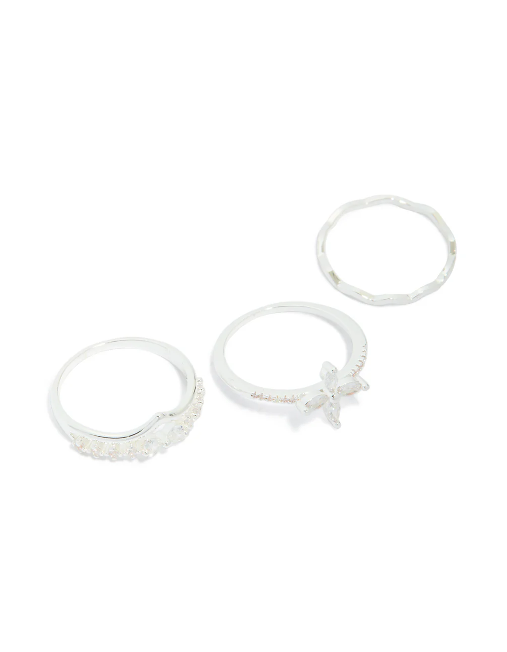 Silver Plated Cubic Zirconia Band & Flower Rings 3-Pack - Image 2