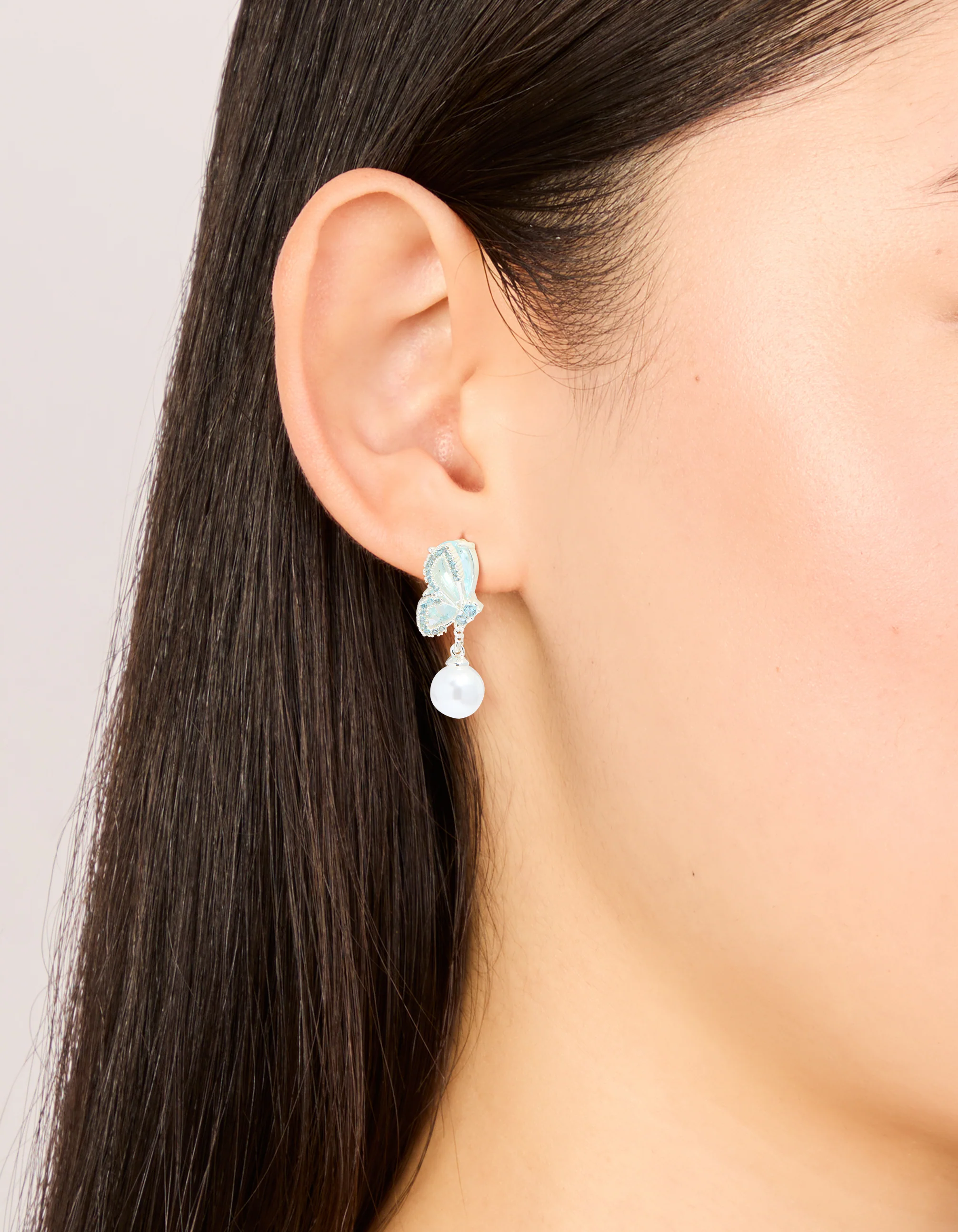 Silver Plated Cubic Zirconia Butterfly & Pearl Drop Earrings
