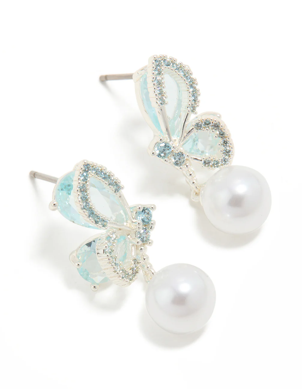 Silver Plated Cubic Zirconia Butterfly & Pearl Drop Earrings - Image 2