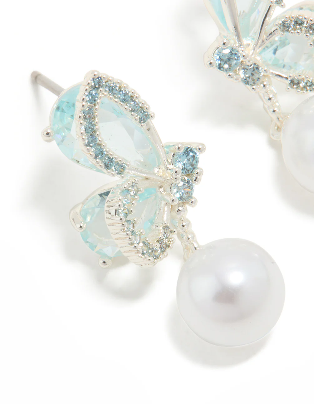 Silver Plated Cubic Zirconia Butterfly & Pearl Drop Earrings - Image 4