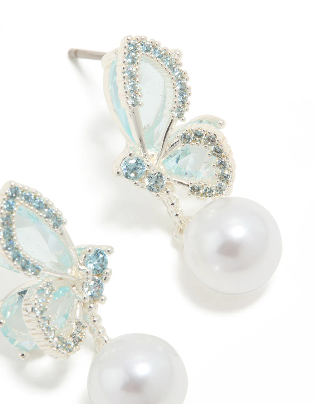 Silver Plated Cubic Zirconia Butterfly & Pearl Drop Earrings - Image 5