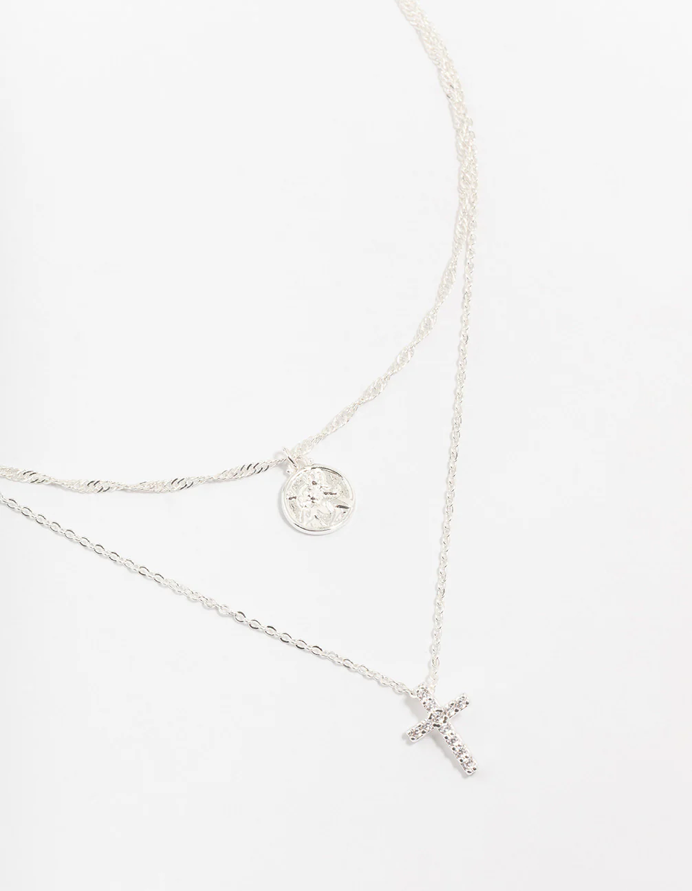 Silver Plated Brass Cubic Zirconia Cross Coin Layered Necklace