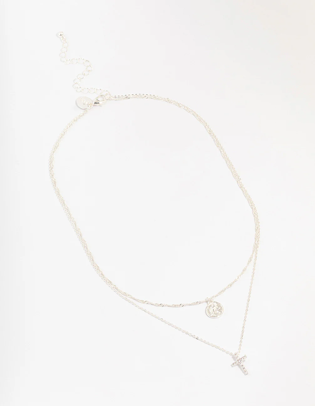 Silver Plated Brass Cubic Zirconia Cross Coin Layered Necklace - Image 2