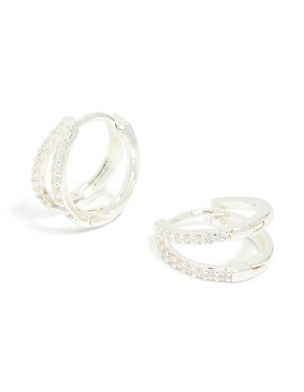 Silver Plated Cubic Zirconia Double Layered Small Huggie Earrings - Image 2
