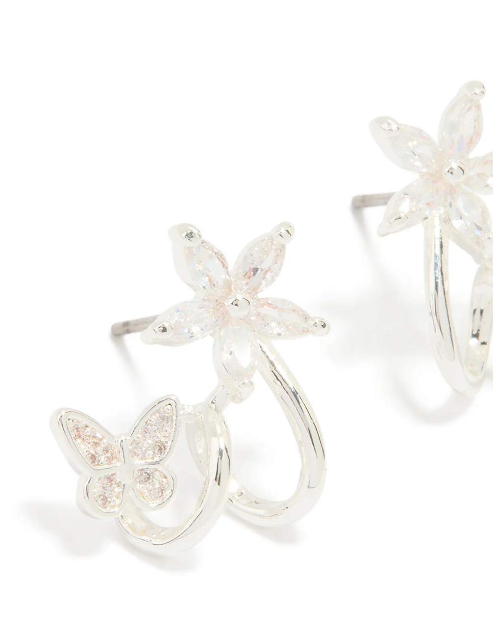 Silver Plated Cubic Zirconia Flower Butterfly Ear Jacket Earrings - Image 2
