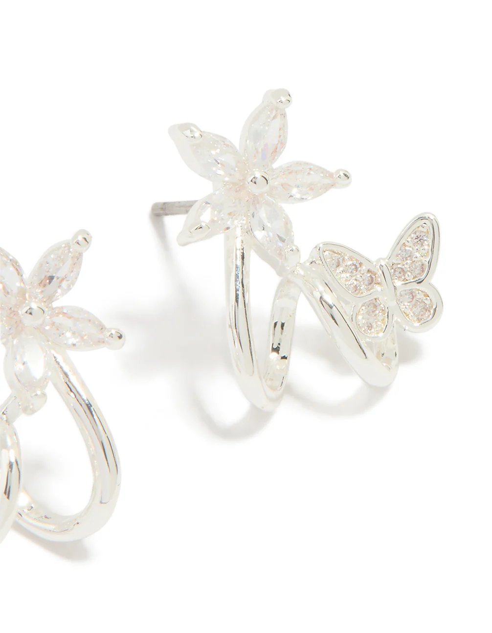 Silver Plated Cubic Zirconia Flower Butterfly Ear Jacket Earrings - Image 3