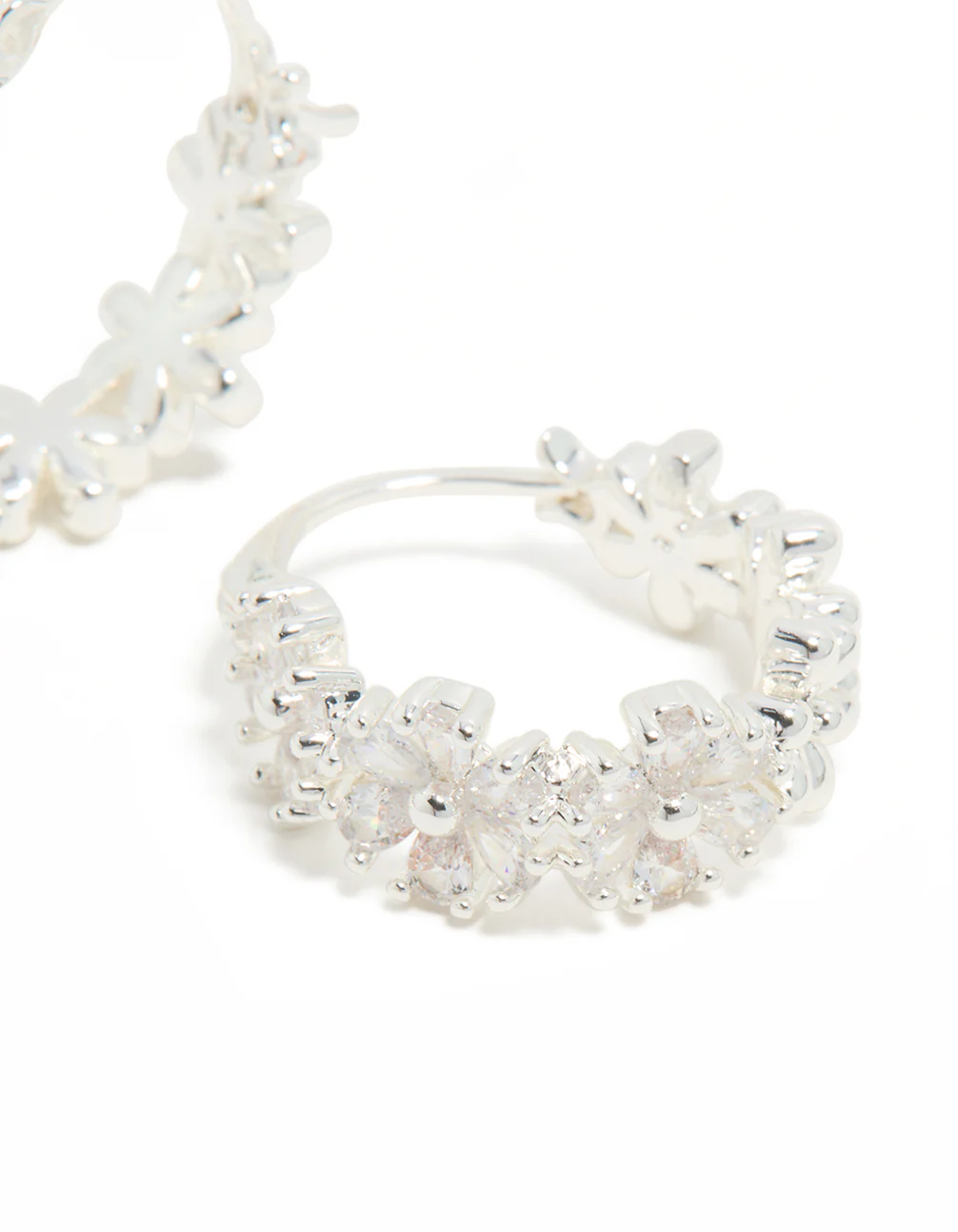 Silver Plated Cubic Zirconia Flower Huggie Earrings - Image 5