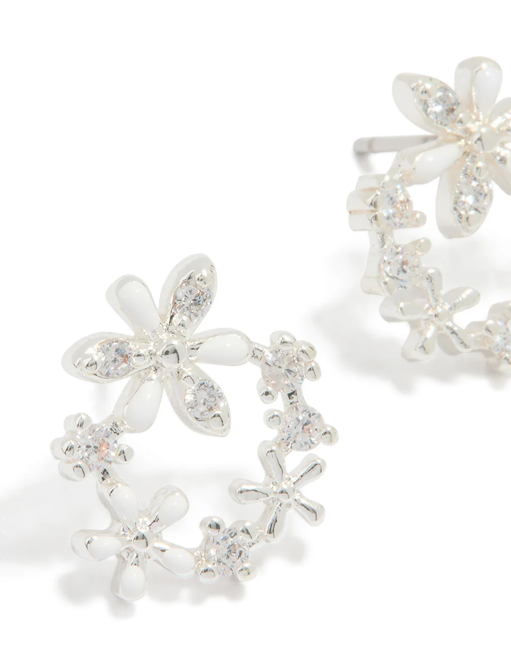 Silver Plated Cubic Zirconia Flower Wreath Stud Earrings - Image 2