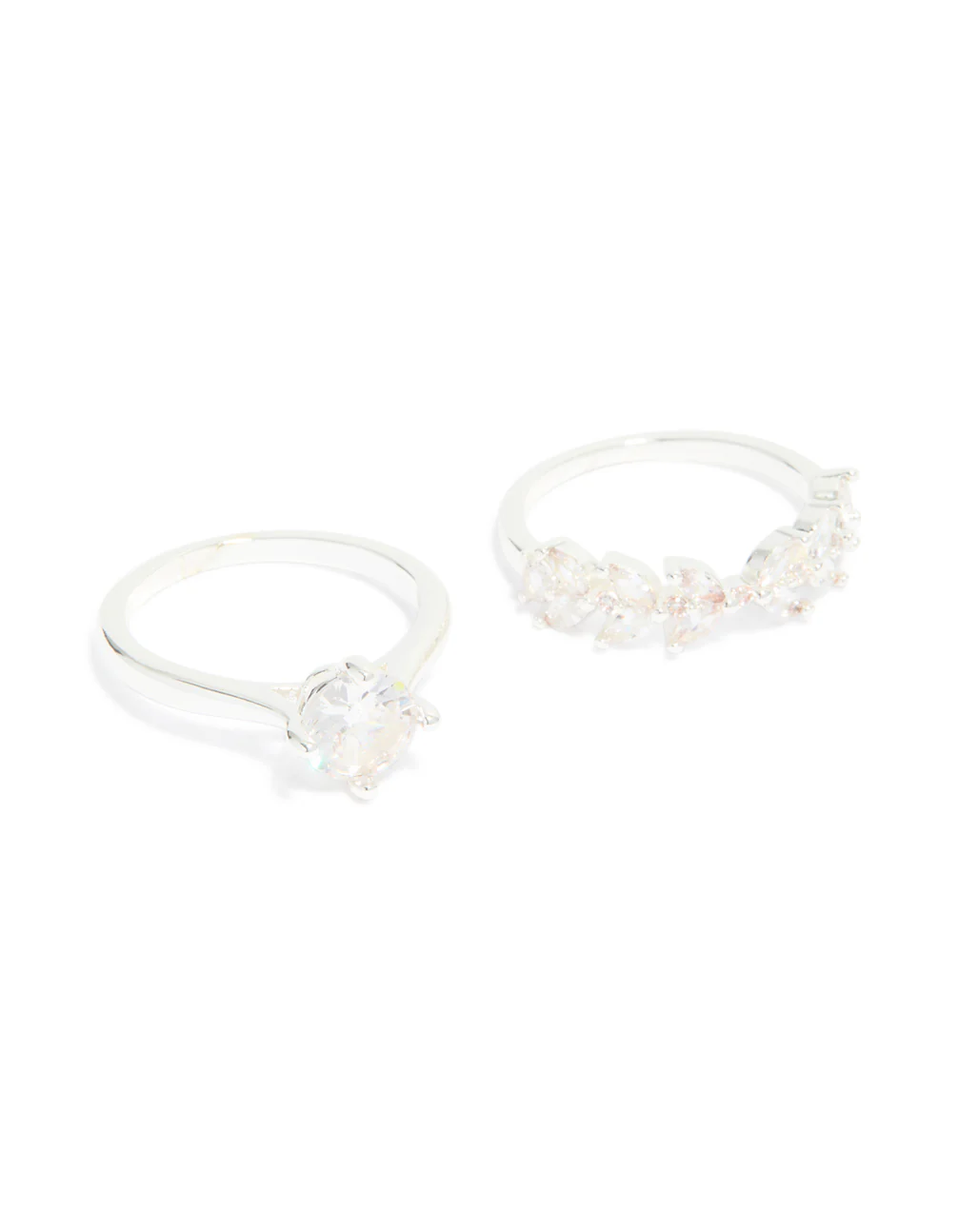 Silver Plated Cubic Zirconia Glitzy Floral & Claw Set Stacking Rings 2-Pack - Image 2