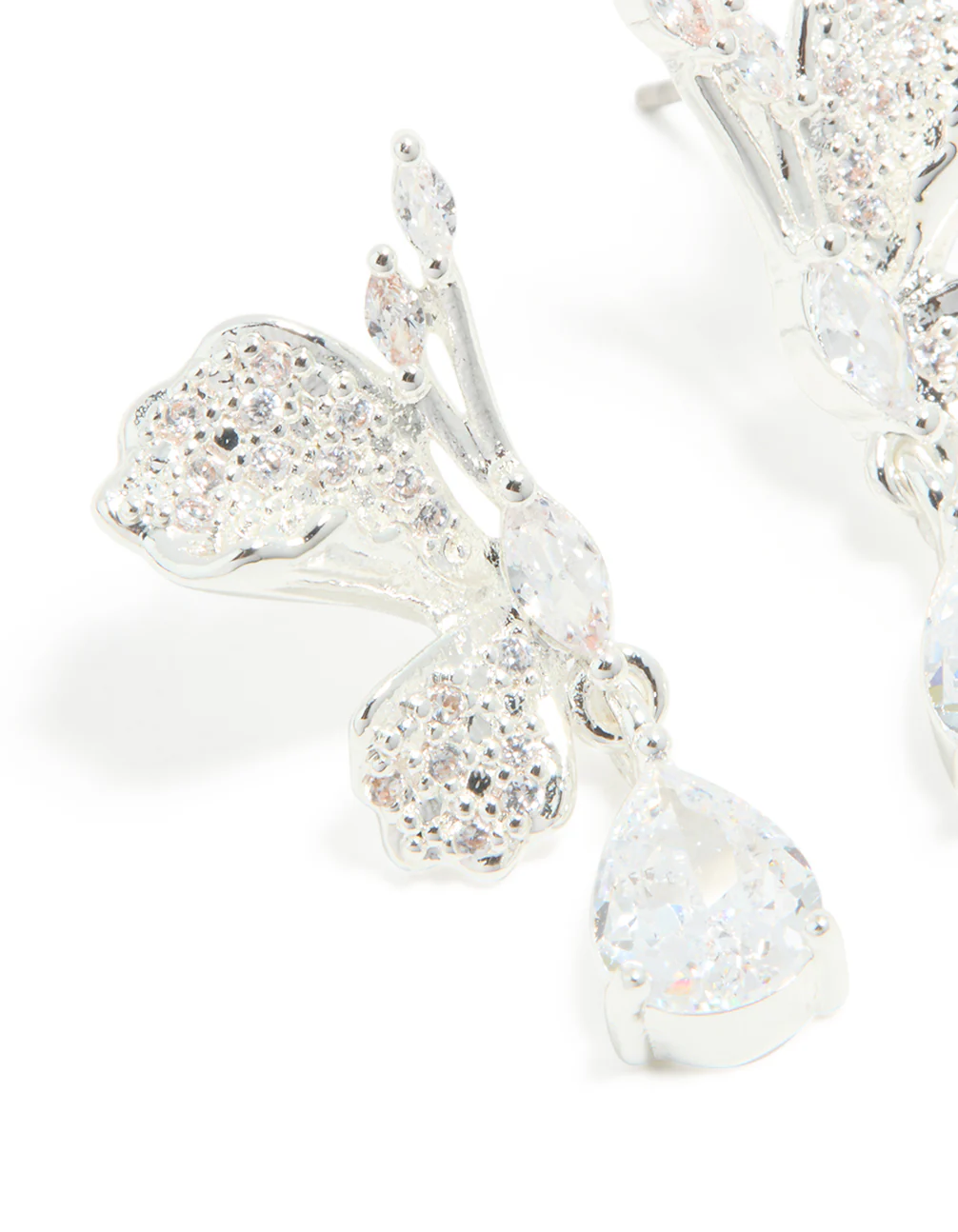 Silver Plated Cubic Zirconia Half Flower Drop Earrings - Image 3