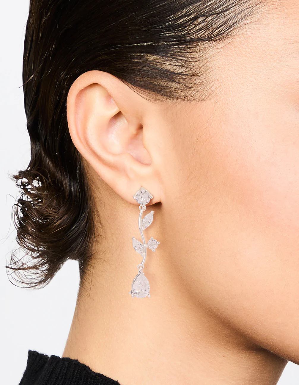 Silver Plated Cubic Zirconia Large Vine Teardrop Earrings - Image 2