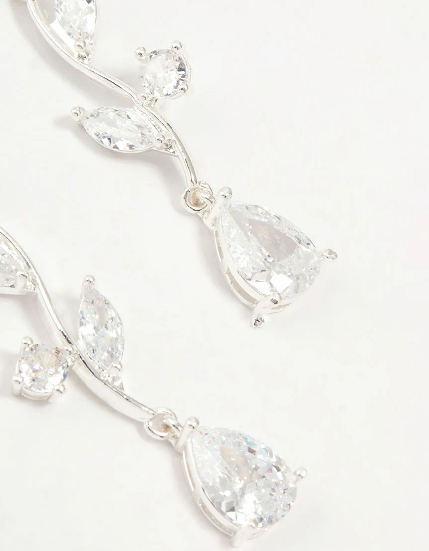 Silver Plated Cubic Zirconia Large Vine Teardrop Earrings - Image 5