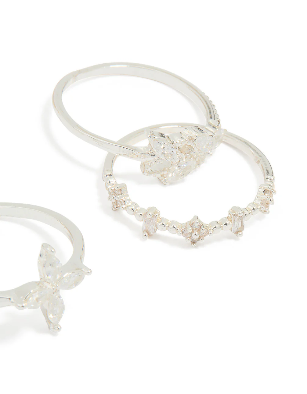 Silver Plated Cubic Zirconia Leafy Mixed Rings 5-Pack - Image 3