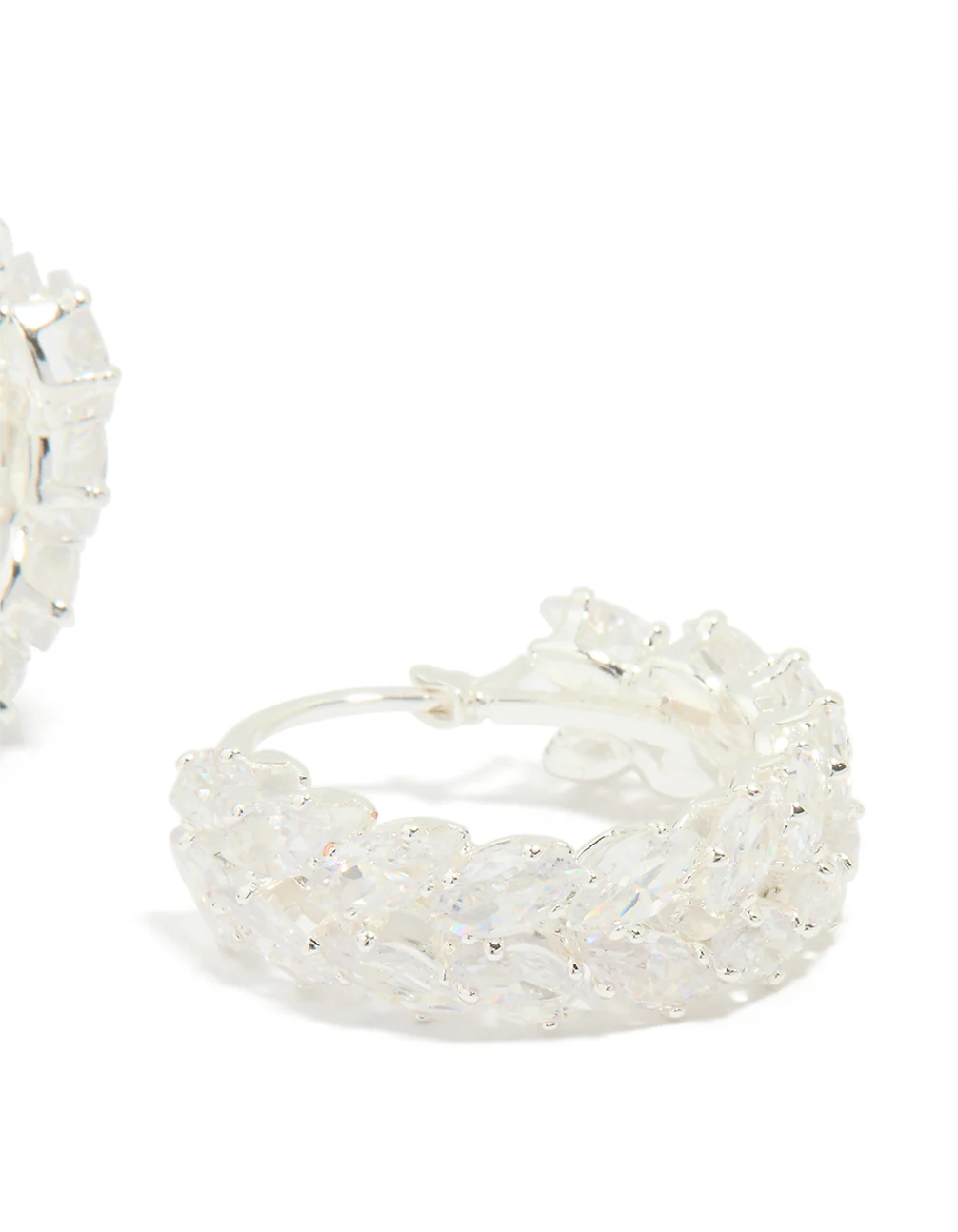 Silver Plated Cubic Zirconia Marquise Herringbone Hoop Earrings - Image 3