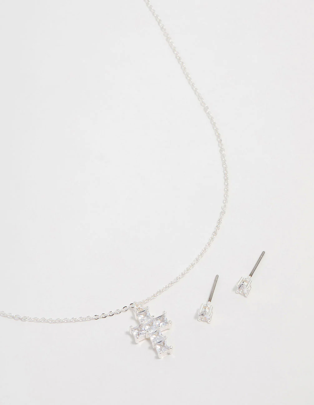 Silver Plated Cubic Zirconia Mini Cross Necklace & Stud Earrings Set
