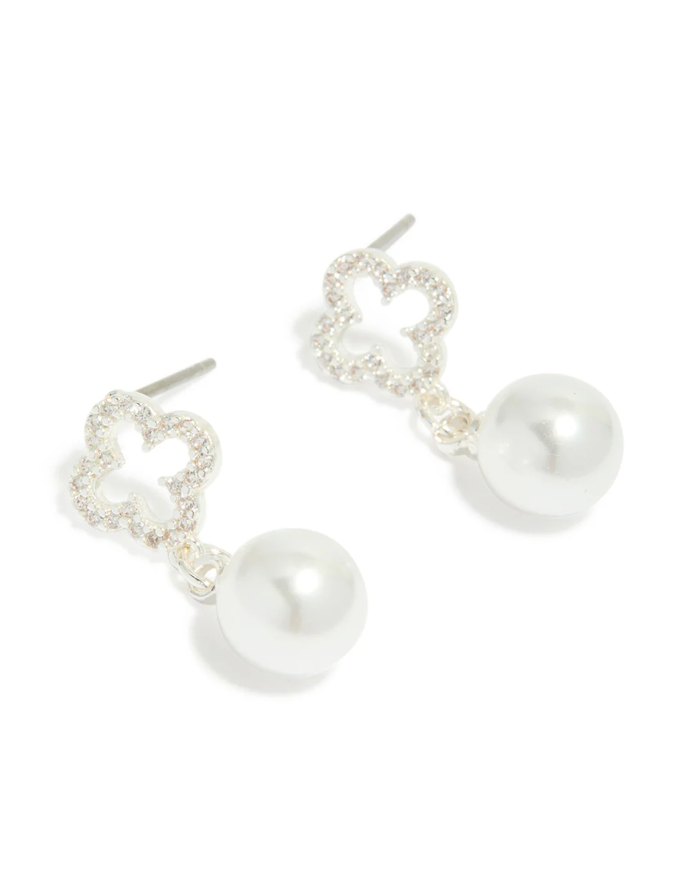 Silver Plated Cubic Zirconia Outline Flower & Pearl Earrings - Image 2