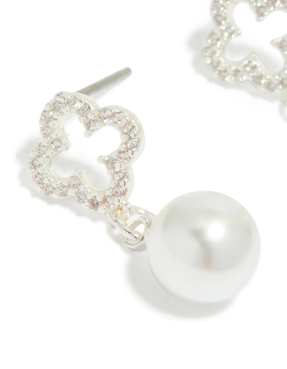 Silver Plated Cubic Zirconia Outline Flower & Pearl Earrings - Image 4