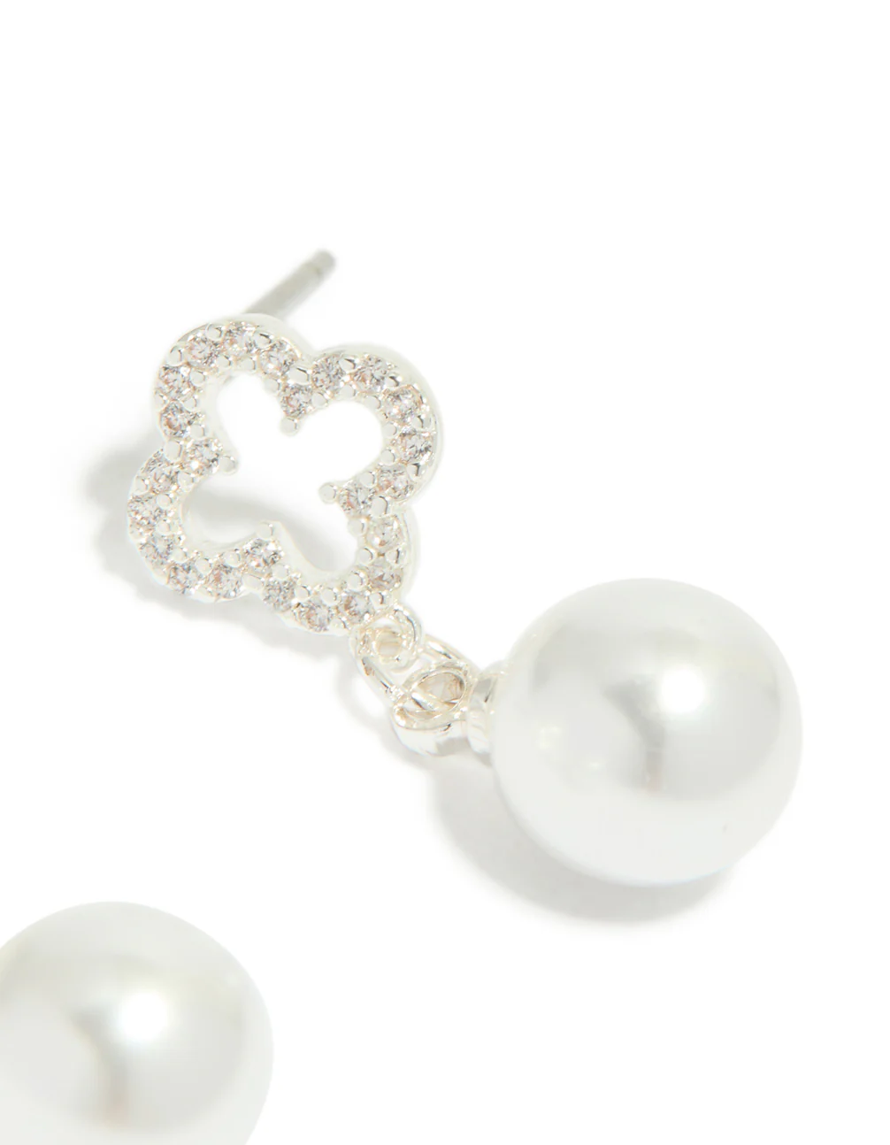 Silver Plated Cubic Zirconia Outline Flower & Pearl Earrings - Image 5