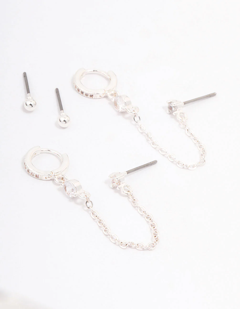 Silver Plated Cubic Zirconia Pave Huggie Chain Earring Pack