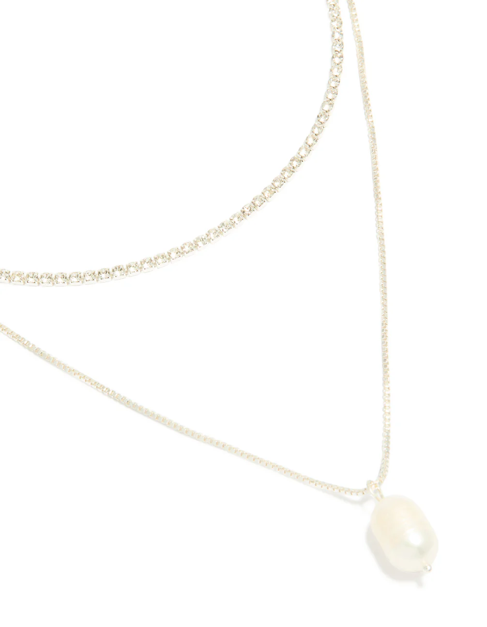 Silver Plated Cubic Zirconia Pearl & Cup Chain Layered Drop Necklace