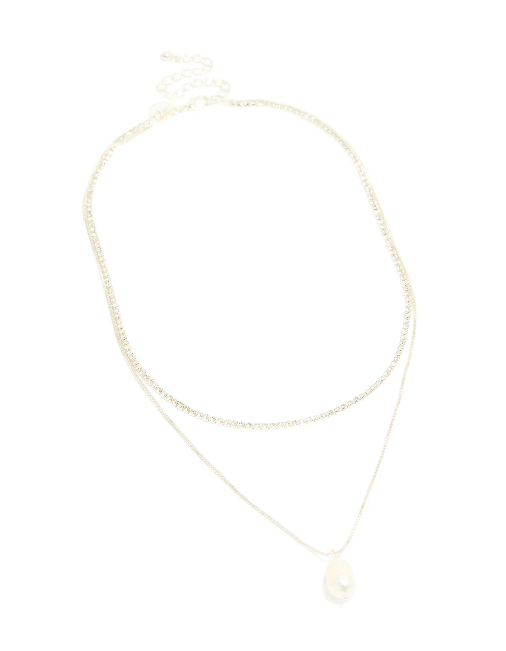 Silver Plated Cubic Zirconia Pearl & Cup Chain Layered Drop Necklace - Image 2