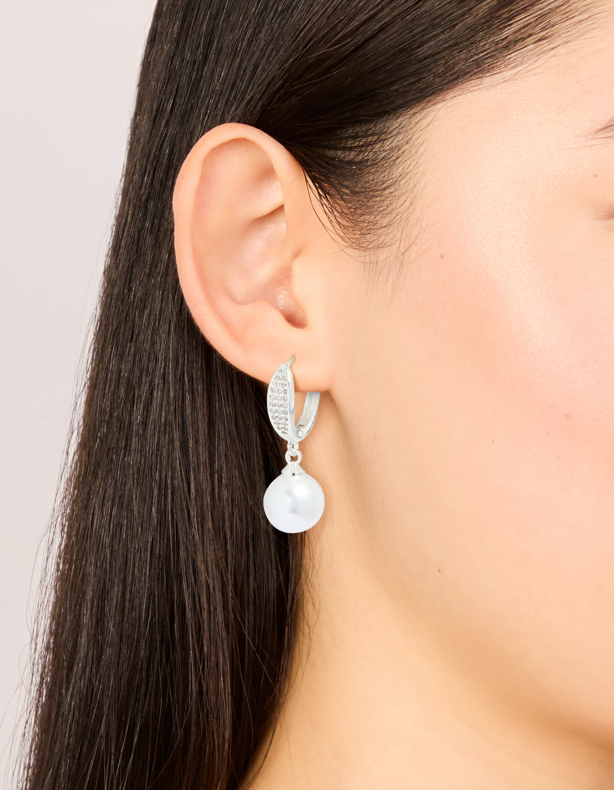 Silver Plated Cubic Zirconia Pearl Huggie Earrings