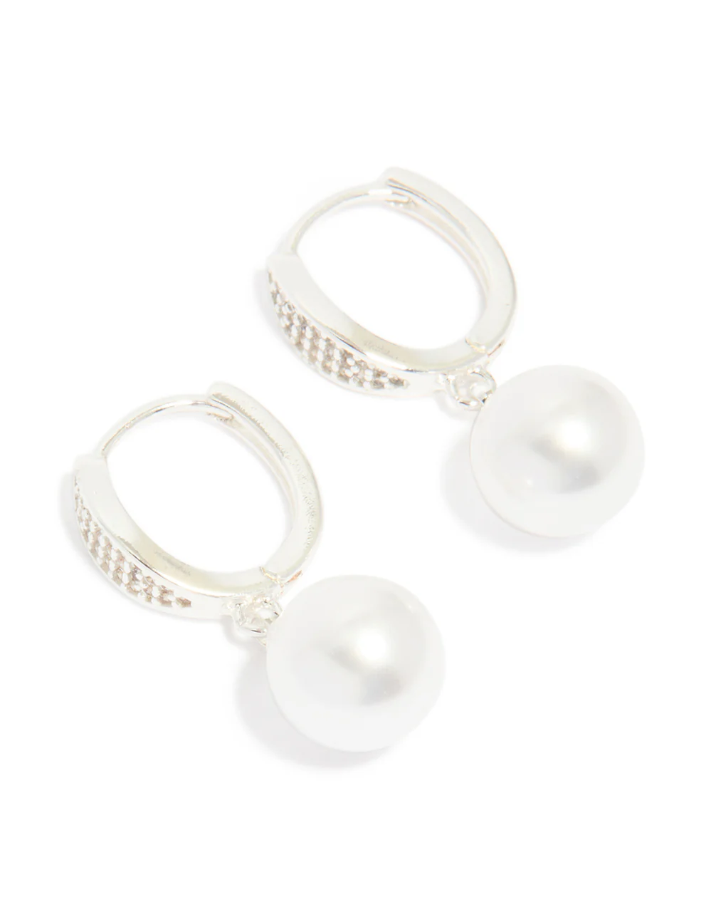 Silver Plated Cubic Zirconia Pearl Huggie Earrings - Image 2