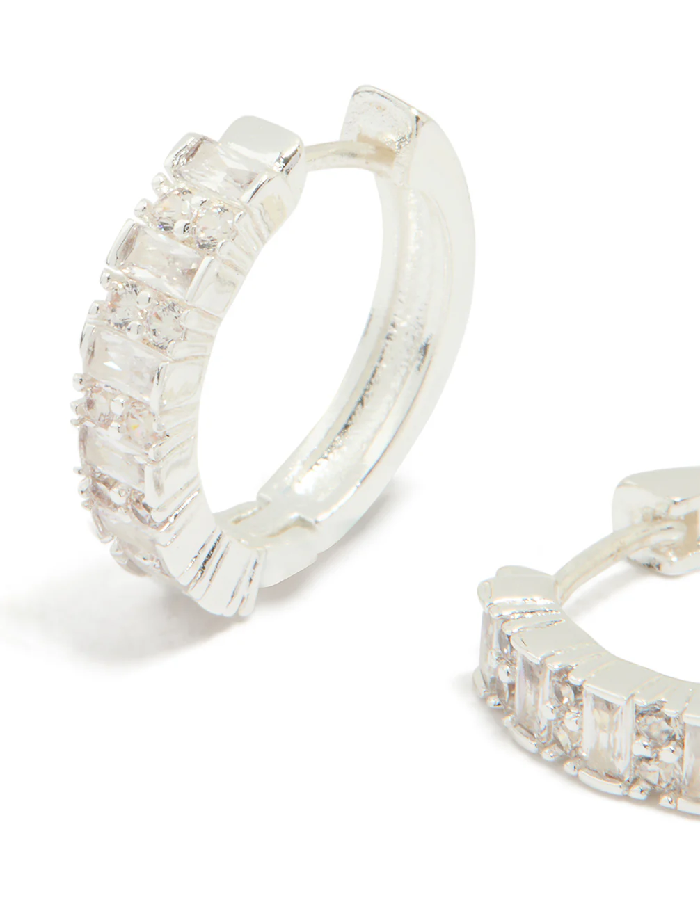 Silver Plated Diamante Baguette Pave Hoop Earrings - Image 2