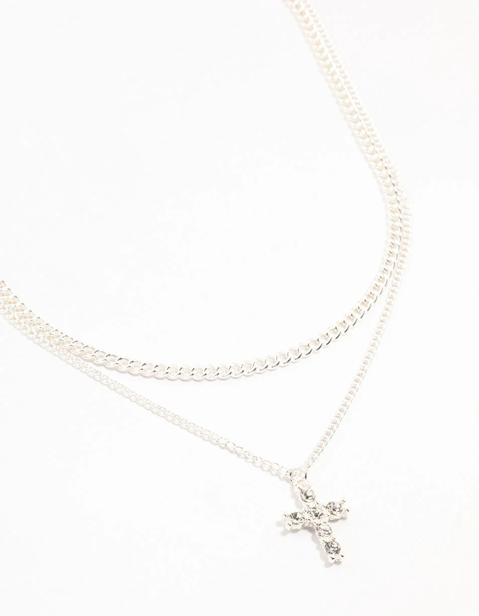Silver Plated Diamante Cross Layered Curbchain Necklace