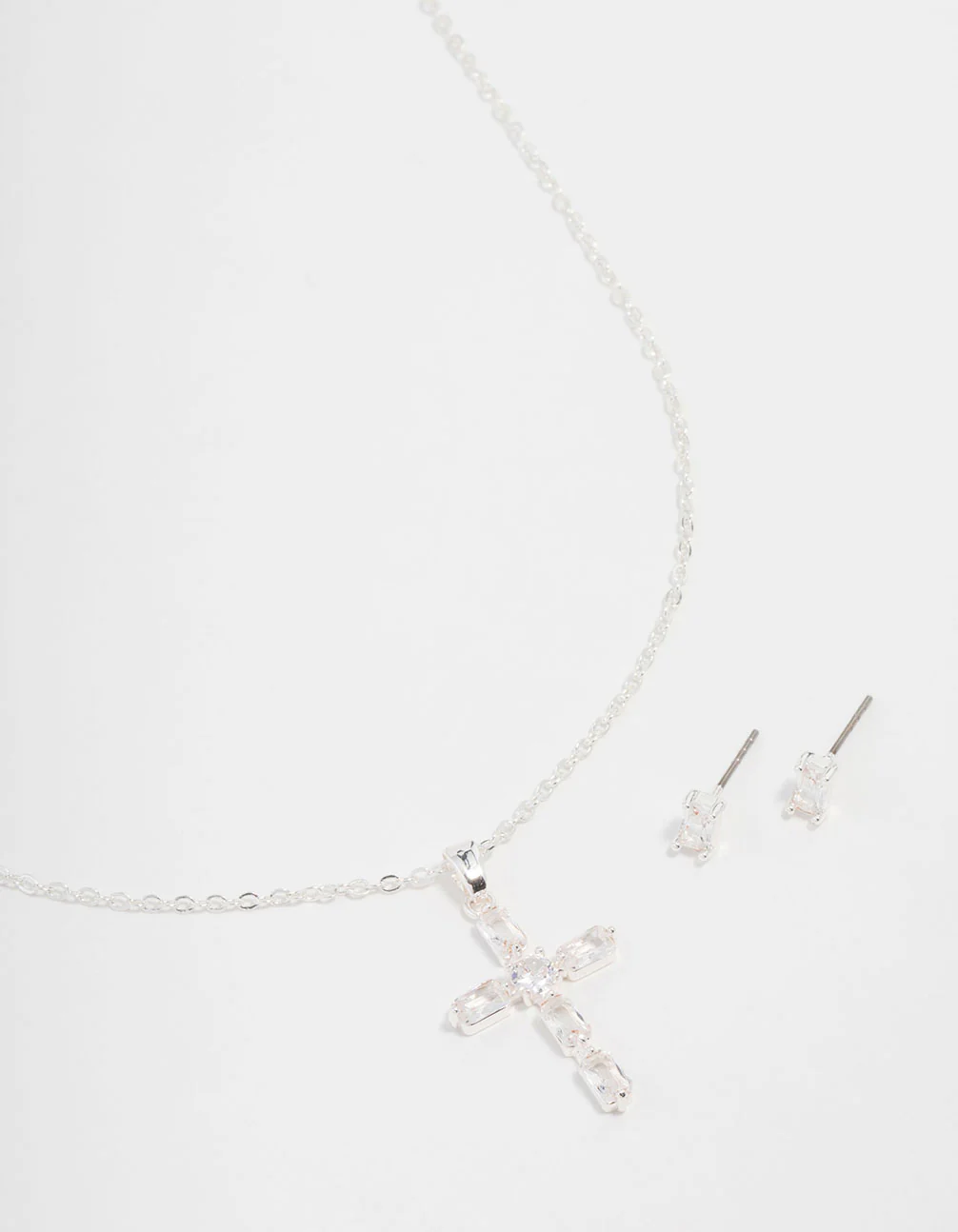 Silver Plated Diamante Cross Necklace & Stud Earrings Set
