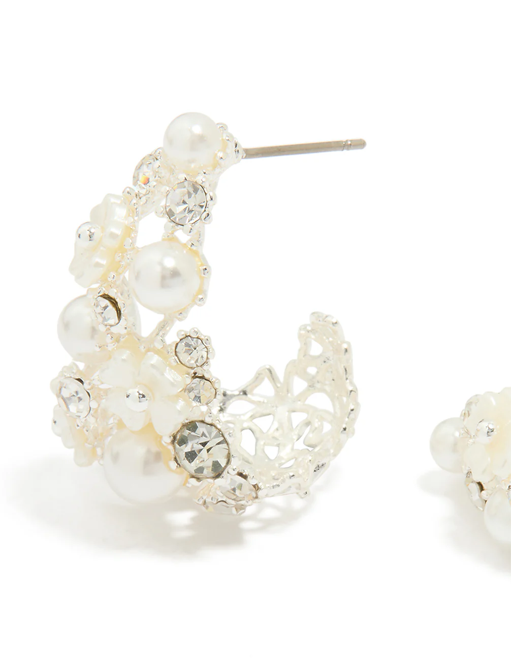 Silver Plated Diamante & Pearl Flower Hoop Earrings - Image 2