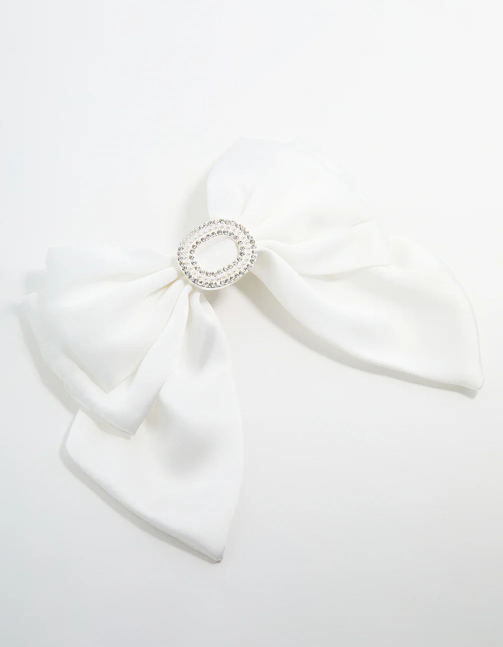 Silver Plated Diamante White Fabric Bow Clip