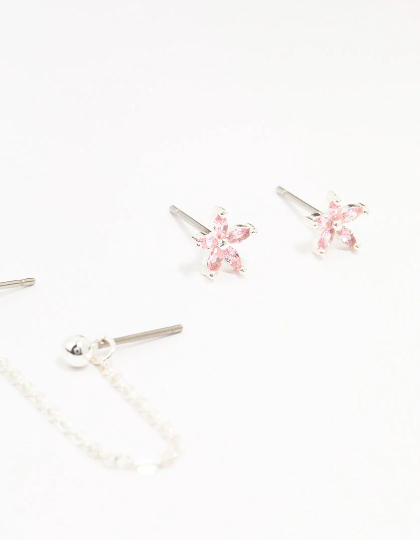 Silver Plated Brass Heart Flower Chain Earrings 3-Pack - Image 3