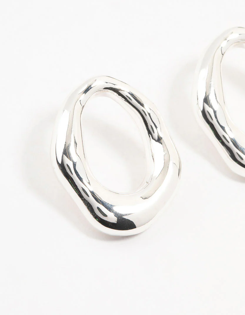 Silver Plated Molten Open Circle Stud Earrings - Image 2