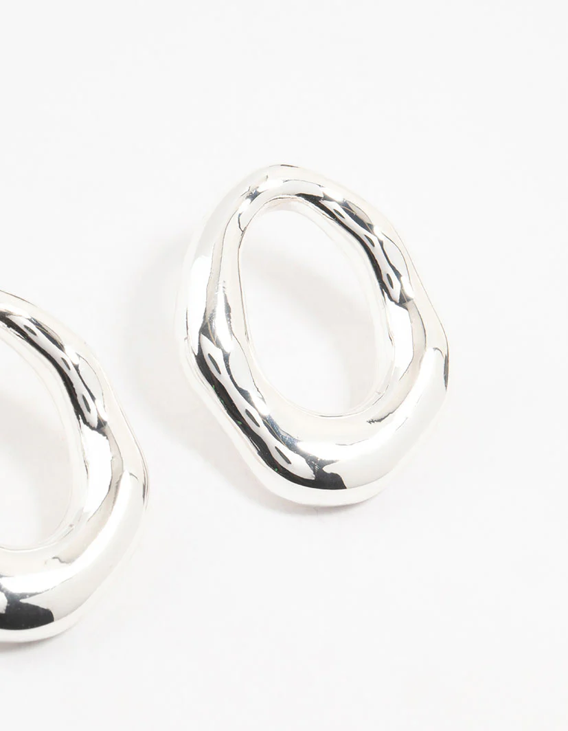 Silver Plated Molten Open Circle Stud Earrings - Image 3